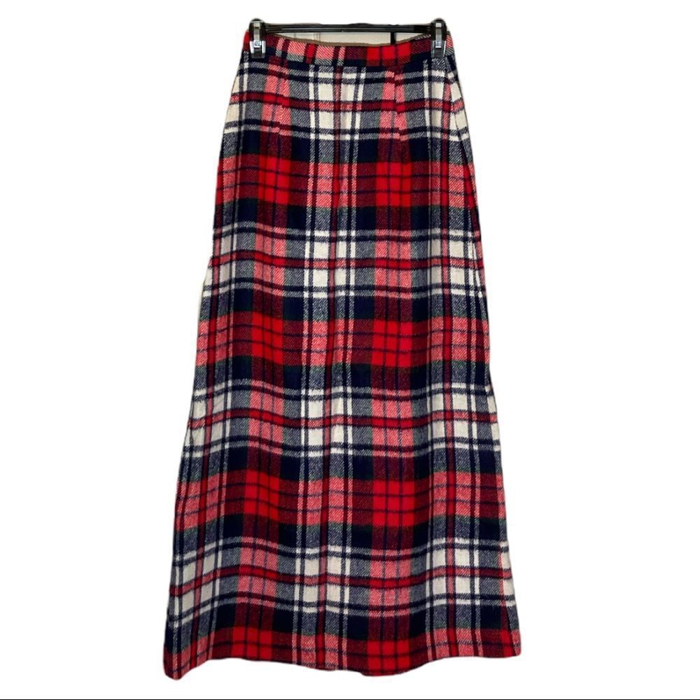 Vintage 1960s or 1970s Handmade Plaid Wool Maxi Skirt Tiny Waist - Picture 3 of 14